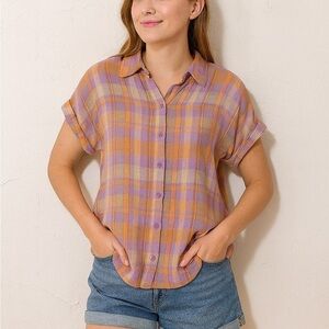 NWT Beachlunchlounge Spencer Pastel Button Front Plaid Cotton Top Sz Small